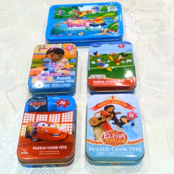 Walt Disney characters tin box bundle of 4 puzzles + 1 double Deck play, cards - Picture 1 of 15